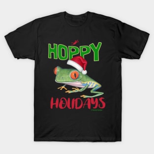 Cute Red Eyed Tree Frog on a Merry Christmas Hoppy Holidays Frog T-Shirt